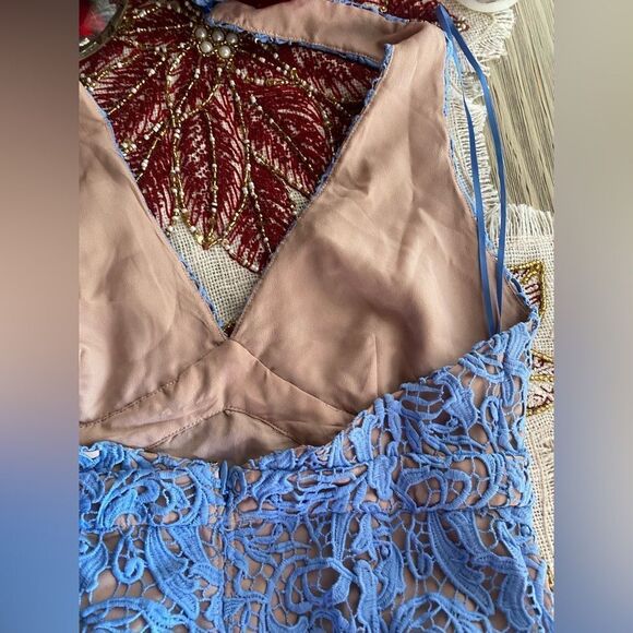 The Jetset Diaries Mini Dress Womens Sz Small Blue Halter Neck Lace Embroidered - Picture 8 of 14